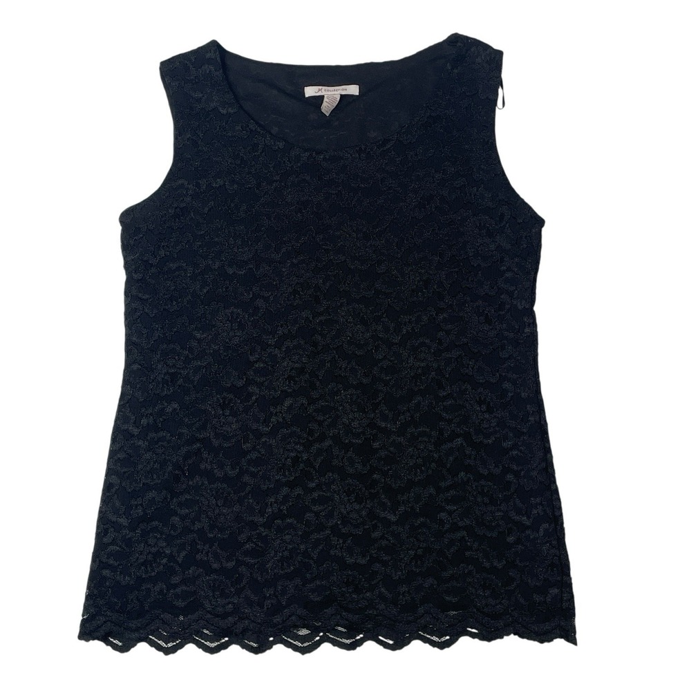 JM Collection Black Lace Sleeveless Top Women's M Lined Scalloped Hem Elegant - Picture 1 of 6